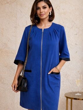 Georgine Royal Blue Zip Front Shift Dress Black Trim Minimalist Designer
